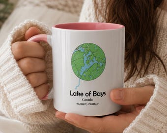 Lake of Bays Ontario Mug | Muskoka Coffee Mug | Cottage Country Mug | Minimal Lake Map Mug | Canada Lake Gift | Color Accent Ceramic Mug