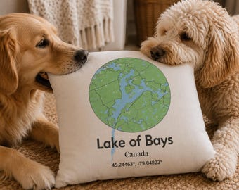 Lake of Bays Map Throw Pillow | Muskoka Cottage Cushion | Ontario Lake Decor | Canada Cottage Home Decor | Lake of Bays Gift