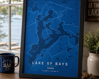 Lake of Bays Blueprint Map – 12"×16" Framed Poster | Blueprint Wall Art | Modern Cottage Wall Art