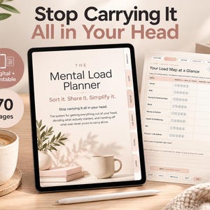 May include: A digital and printable mental load planner displayed on a tablet and a printed sheet. The screen shows the title The Mental Load Planner, Sort it. Share it. Simplify it. The sheet is titled Your Load Map at a Glance with 70 pages.