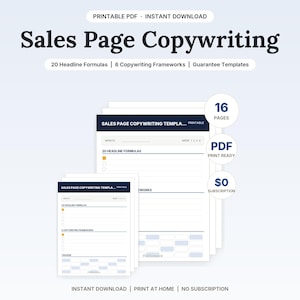 May include: A printable PDF document titled Sales Page Copywriting featuring 20 headline formulas, 6 copywriting frameworks, and guarantee templates. The document includes 16 pages, is print ready, and requires no subscription for this digital download.