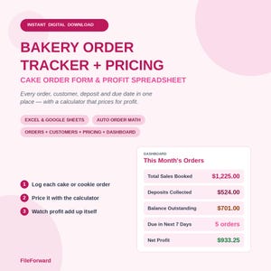Puede incluir: Una plantilla digital de seguimiento de pedidos y precios de panadería para Excel y Google Sheets. La interfaz presenta un panel que muestra las ventas totales, depósitos, saldos pendientes, pedidos próximos y beneficio neto.