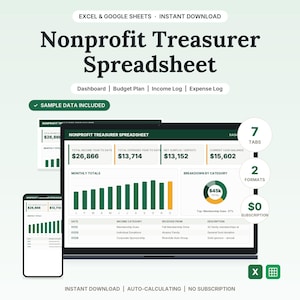 May include: A digital nonprofit treasurer spreadsheet template for Excel and Google Sheets. The interface displays financial data including total income, expenses, net surplus, cash balance, monthly bar charts, and a category breakdown pie chart.