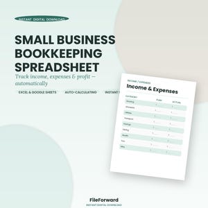 Puede incluir: Una plantilla de hoja de cálculo digital de contabilidad para pequeñas empresas con el texto Small Business Bookkeeping Spreadsheet, Track income, expenses & profit, Excel & Google Sheets y una tabla titulada Income & Expenses.