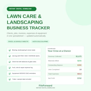Lawn Care Business Tracker Spreadsheet, Landscaping Client Job Scheduler, Invoice Expense Equipment Log, Excel and Google Sheets Template