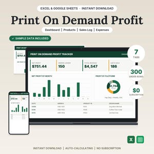 May include: A digital Print On Demand Profit tracker spreadsheet for Excel and Google Sheets. The interface displays a dashboard with net profit, revenue, and sales data, including bar charts, a pie chart, and a transaction log table.