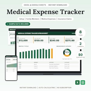 Könnte beinhalten: Eine digitale Tabellenkalkulation zur Verfolgung medizinischer Ausgaben für Excel und Google Sheets. Die Benutzeroberfläche zeigt Finanzdaten an, einschließlich der Gesamtabrechnung, Arztkosten und Versicherungsansprüche.
