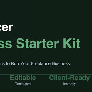 Pode incluir: Gráfico verde escuro com o texto "Freelancer Business Starter Kit" em branco e verde. A imagem inclui o texto "4 Professional Documents to Run Your Freelance Business". O texto adicional inclui "4 Documents", "Editable Templates", "Client-Ready Instantly" e "Instant Download".