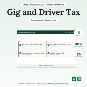 Könnte beinhalten: Ein digitales Tabellenkalkulationspaket mit dem Titel Gig and Driver Tax für Excel und Google Sheets. Es enthält vier Dateien mit insgesamt 33 Registerkarten, darunter Tracker für Mitfahrgelegenheits-Einkommen, LKW-Ausgaben und Kilometerprotokolle.