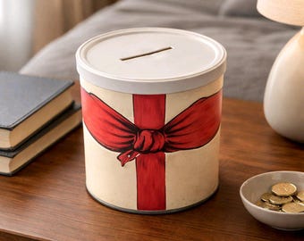 Hucha vintage de los años 70 con forma de lata de dinero.