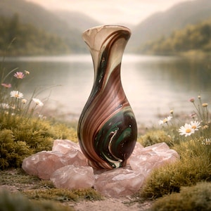 Peut inclure: Un vase décoratif en verre avec un motif tourbillonnant de couleurs marron, vert et crème. Le vase est posé sur un lit de roches roses, avec un paysage naturel en arrière-plan avec un lac et des fleurs.