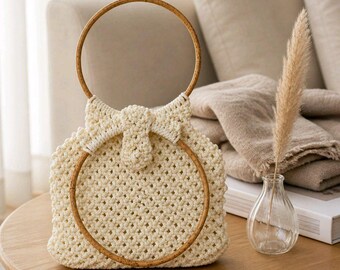 Vintage Sherrie Huddleston Designer Makramee Handtasche mit Holzgriffen