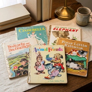 May include: A collection of five vintage Little Golden Books including Cinderella, The Saggy Baggy Elephant, Bedknobs and Broomsticks, Animal Friends, and Four Little Kittens, featuring colorful illustrated covers with various animal and human characters.