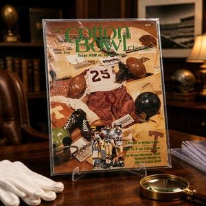 Peut inclure: Une revue vintage du Cotton Bowl Classic de janvier 1988, avec Texas A&M contre Notre Dame. La couverture présente de l'équipement de football, dont un maillot avec le numéro 25, des casques et des ballons. La revue est dans une pochette de protection.