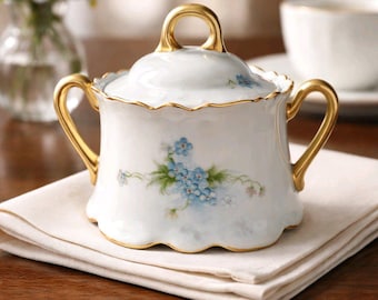 Hand-Painted Blue Floral Design Porcelain Sugar Bowl Signed by K Foltz