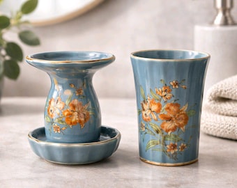 Vintage Japanse keramische tandenborstelhouder en bekerset