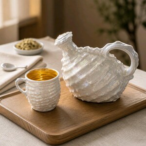 Könnte beinhalten: Ein weißer Keramikkrug und eine passende Tasse mit irisierender, perlmuttartiger Oberfläche und einer texturierten, spiralförmig gerippten Struktur. Die Tasse hat eine glatte, goldfarbene Innenseite. Beide Teile besitzen kleine, geschwungene Henkel.