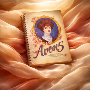 Op de afbeelding: Een vintage spiraalgebonden boek getiteld "Avon 5" met een portret van een vrouw op de omslag, omringd door roze bloemen. Het boek ligt op een perzik-kleurige stof.