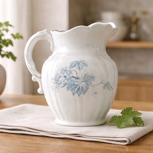 May include: A white ceramic pitcher with a scalloped rim and a curved handle. The pitcher features a blue floral design of grapes and leaves. It is sitting on a beige linen napkin on a wooden table.
