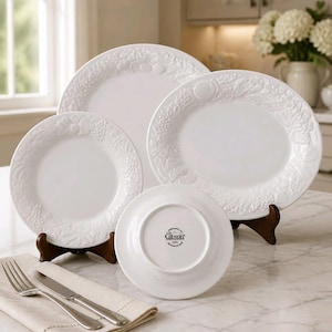 Vintage Gibson White Embossed Fruit Dinnerware Place Setting |
