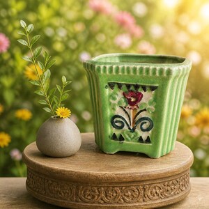 May include: A square green ceramic planter with a fluted rim and a central embossed floral design featuring a red flower and dark green scrollwork, positioned next to a small, round, matte gray vase containing a single yellow flower and green sprig.
