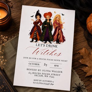 Könnte beinhalten: Eine weiße rechteckige Einladungskarte mit drei illustrierten Hexen in farbenfrohen Kleidern und dem Text LET'S DRINK Witches, JOIN US FOR A HOCUS POCUS MOVIE NIGHT, OCTOBER 27 8PM, HOSTED BY OLIVIA WALKER, 123 HOCUS POCUS STREET SALAM, MA 12345.