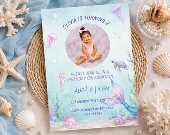 Under the Sea Birthday Invitation with Photo | Mermaid Ocean Party Template 5x7 (Digital Download)