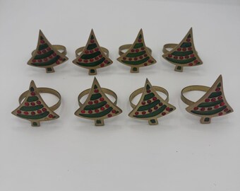 Vintage Brass Christmas Tree Napkin Rings Set of 8 Red Rhinestone Green Enamel