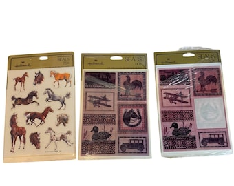 Vintage Hallmark Stickers Seals Lot Horses Antique Car Biplane Rooster 3 Packs