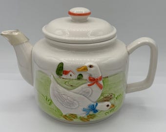 Vintage Otagiri Ceramic Teapot Embossed Goose Country Kitchen Cottagecore Japan