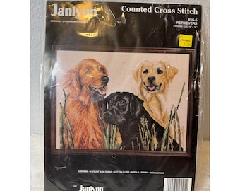 Vintage Janlynn Counted Cross Stitch Kit Retrievers Dogs 1987 Golden Black Lab