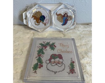 MCG Textiles Christmas Cross Stitch Kit Santa Hot Plate & Angel Coasters Set 3