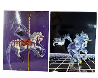Vintage 1985 Little Contessa Fantasy Folders Carousel Horse Unicorn 80s Set of 2