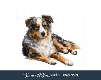 Australian Shepherd PNG SVG: Vintage Style Watercolor Pet Graphic