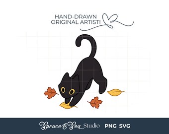 Black Cat Pouncing Leaves Fall PNG SVG Clipart Trendy Halloween Digital Download