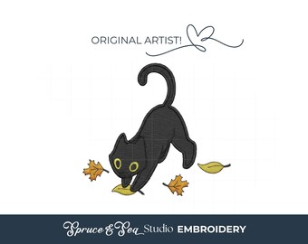 Black Cat Pouncing Leaves Embroidery Design: Fall Halloween Machine Stitch (Digital Download) - Original Artist