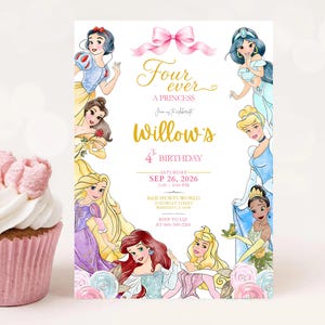 May include: A rectangular birthday invitation card featuring illustrations of eight princesses, a pink bow, and gold text reading Four ever A PRINCESS Willow's 4th BIRTHDAY SATURDAY SEP 26, 2026, R&B SPORTS WORLD, 19 ROWLEY STREET, WHITELILY, CT 00000, RSVP TO LIZ AT 866-909-2265.