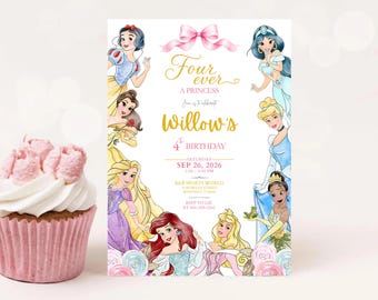 Convite de Aniversário "Fourever A Princess" - Convite para Festa de Aniversário de 4 Anos com Laço - Convite para Festa de Princesa Real - Convite para Menina de 4 Anos
