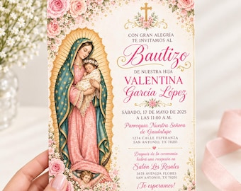 Invitacion Bautizo Niña Bearbeitbare Rosa Virgen de Guadalupe Taufeinladung Mädchen Spanische Blumenrosa Bautizo-Einladung Imprimible Bautizo Niña