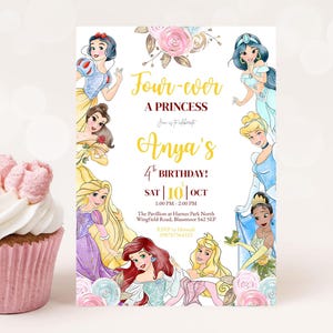 Invitación de cumpleaños para cuatro princesas, Invitación de cumpleaños para cuatro princesas, Fiesta de cumpleaños de hadas con temática real Canva Digital