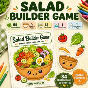 サラダビルダー印刷可能フードゲーム、幼児向けカッティング練習アクティビティ、サラダマッチング就学前向け微細運動能力育成ブック、タスクボックス