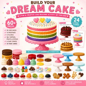 May include: A Build Your Dream Cake activity set featuring a multi-layered cake on a pink stand, 60+ pieces including cake bases, frostings, fillings, toppers, and 24 task cards. The set includes various colourful cake components and accessories.
