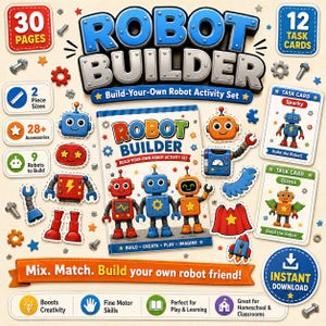 Könnte beinhalten: Robot Builder Aktivitätsset mit einem zentralen Buch mit drei illustrierten Robotern, umgeben von 30 Seiten, 12 Aufgabenkarten, 28 Zubehörteilen und 9 baubaren Robotern. Enthält Textbeschriftungen für Sofort-Download, Kreativität und Feinmotorik.