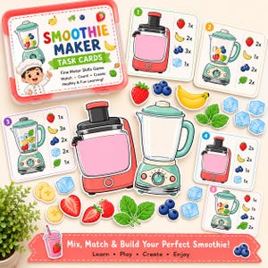 Puede incluir: Un juego de tarjetas de tareas Smoothie Maker que incluye un estuche de plástico, cinco tarjetas numeradas, dos figuras de licuadora y varias fichas de frutas, menta y cubitos de hielo para completar las recetas de los juegos.