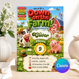 Einladung zum Bauernhof-Geburtstag, Einladung zur Scheunenparty, Vorlage für einen Kindergeburtstag im Bauernhof-Stil, Bauernhoftierparty, Einladung zum Bauernhof-Abend, CANVA