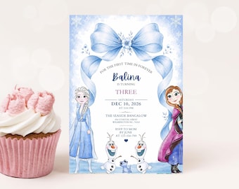 Invitación de cumpleaños de Frozen, invitación para fiesta de la princesa Elsa y Anna, temática de cumpleaños para niña, invitación de cumpleaños número 3 de Frozen, lazo azul coqueto (digital)