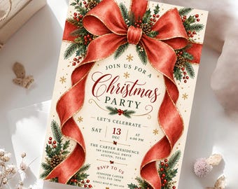 May include: A rectangular Christmas party invitation card featuring a large red ribbon bow at the top with trailing ends. The design includes watercolour illustrations of pine branches, holly berries, and pinecones. Text reads: JOIN US FOR A Christmas PARTY, SAT 13 DEC AT 6:00 PM, THE CARTER RESIDENCE, 789 SNOWFALL DRIVE, AUSTIN, TEXAS, RSVP TO US JENNIFER CARTER (512) 555-7890.