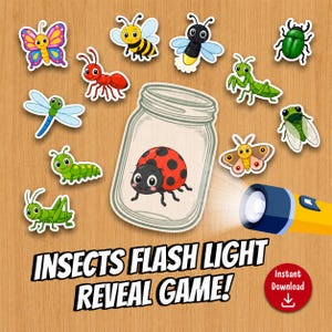 May include: An insects flash light reveal game featuring a ladybug inside a glass jar, surrounded by stickers of a butterfly, bee, firefly, beetle, dragonfly, ant, mantis, cicada, moth, caterpillar, and grasshopper, with a yellow flashlight.