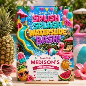 May include: A rectangular party invitation featuring a colorful pool scene with a waterslide, balloons, and tropical fruit graphics. The text reads: Join us for a SPLISH SPLASH WATERSLIDE BASH! to celebrate MEDISON'S 6TH BIRTHDAY, Saturday, August 24th, at 3:00 PM.