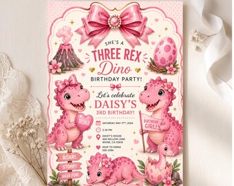 Three Rex Birthday Invitation, Girl Dinosaur 3rd Birthday Invite, Pink Dino Party Template Cute Dinosaur Girl Invite Editable Canva Template